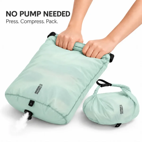 15D nylon dry bag in green shown in 9L, 15L and 20L sizes beside a hiking backpack
