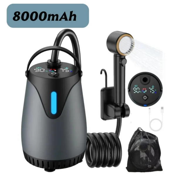 Rechargeable camping shower pump with LED display in a water bucket beside a tent