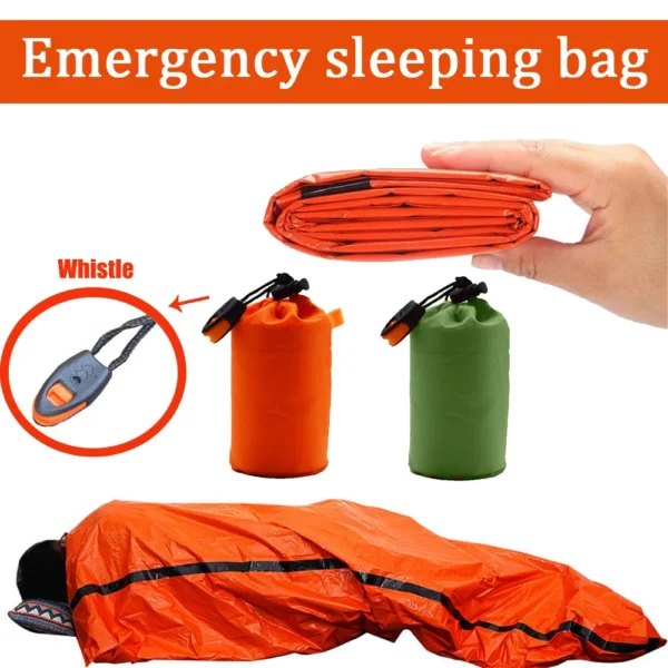 Emergency survival sleeping bag in bright orange mylar unrolled beside its stuff sack