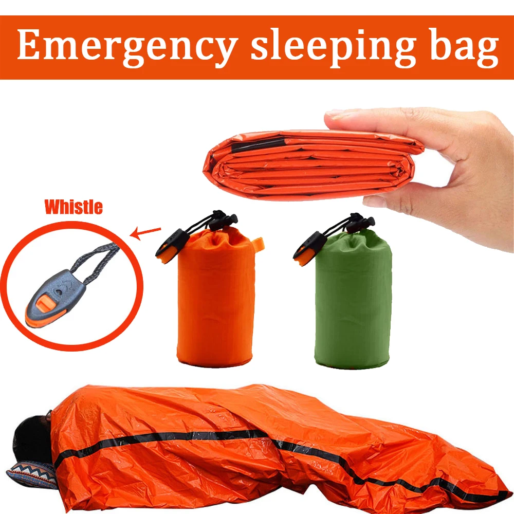 Emergency Survival Sleeping Bag Reusable Mylar Bivvy with Sack 1 Emergency survival sleeping bag in bright orange mylar unrolled beside its stuff sack