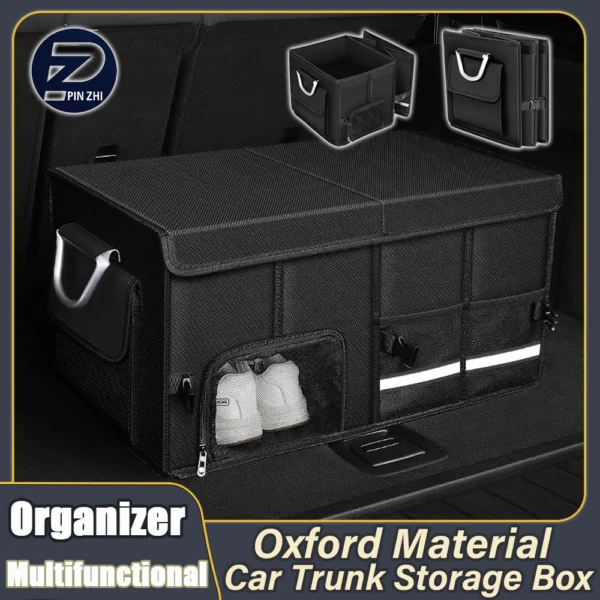 Trunk organizer with lid in Oxford cloth with external pockets in an SUV cargo area