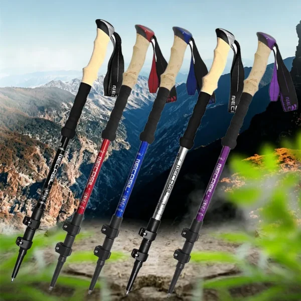 Telescoping aluminum hiking sticks 2 pack in blue with cork-texture grips and external locks