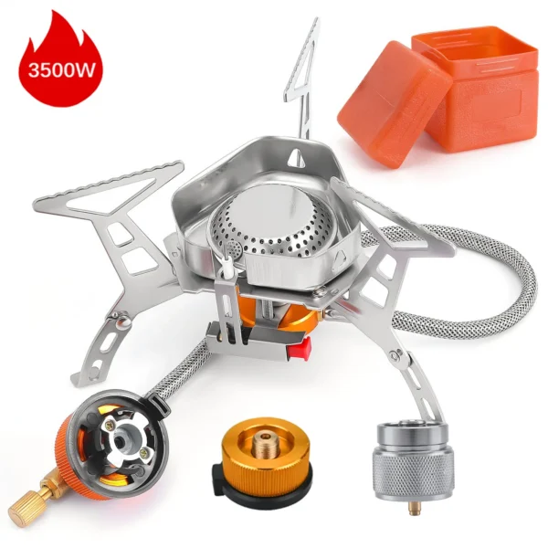 3500W camping gas stove with fold-out pot supports and ignition switch on a camp table