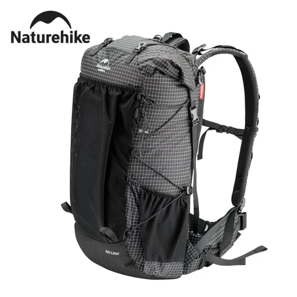 60L mountain backpack in black nylon with rain cover and adjustable shoulder straps