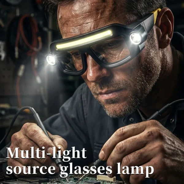 COB glasses headlamp with yellow arms, COB light bar and twin spotlights on the front frame