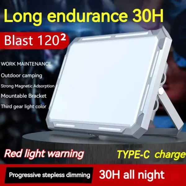 Magnetic camping searchlight showing its wide LED panel and twin XPE spotlights