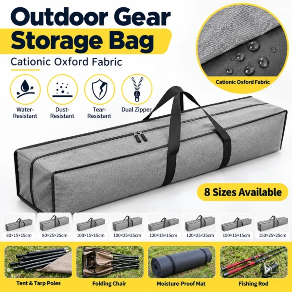 Gray long gear carry bag with black binding and dual zipper holding tent poles and a folding chair