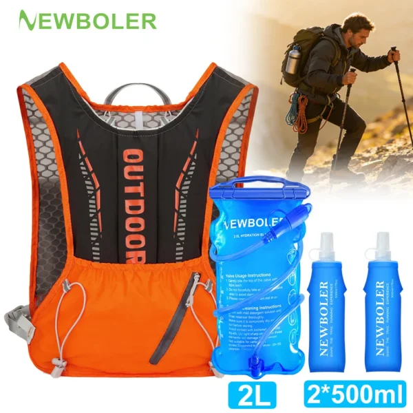Trail running vest pack in polyester with mesh back, reflective strips and front pockets