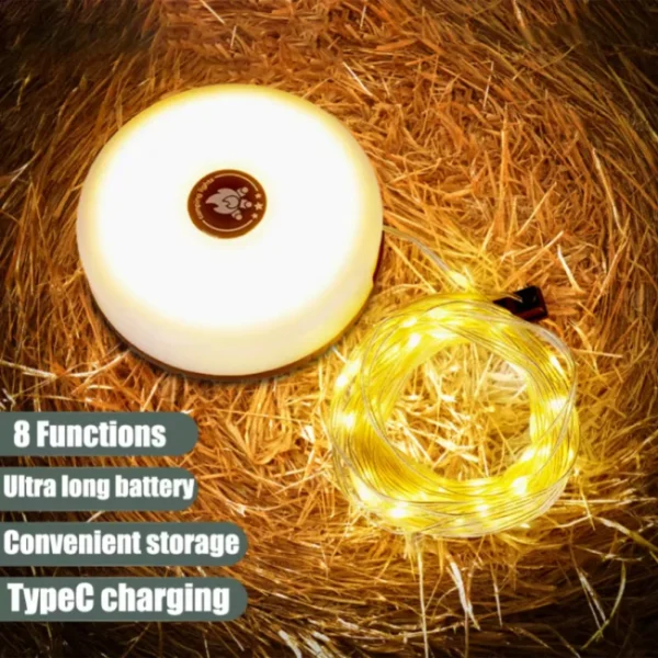 LED tent string lights glowing warm white along a camping tent at night with the main lamp