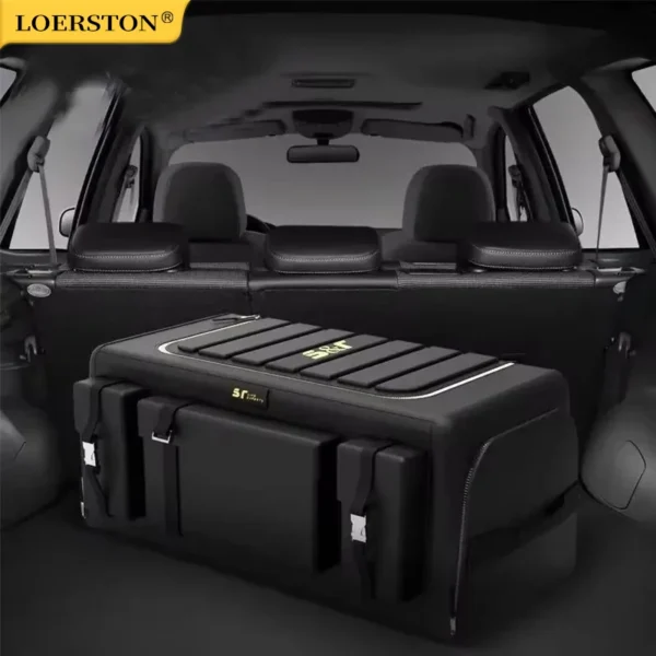Foldable trunk storage box with lid open in a car trunk holding groceries and gear