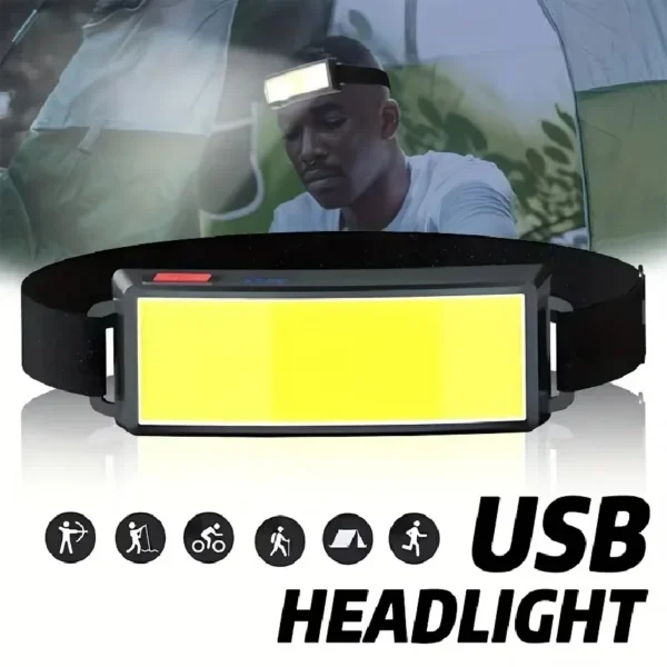 180 degree COB headlamp with long curved light strip across a black adjustable headband