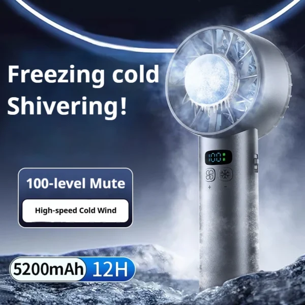 Handheld cooling fan with semiconductor cooling chip held in one hand for outdoor use