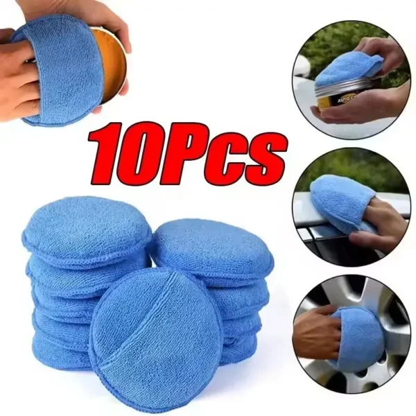 Finger pocket wax applicator pad in blue microfiber spreading wax on a car hood