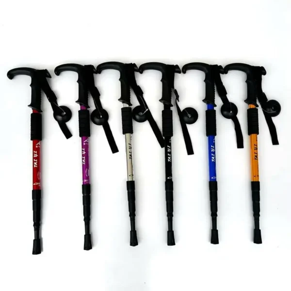 Adjustable aluminum hiking poles in gold with T handle and straight grip versions