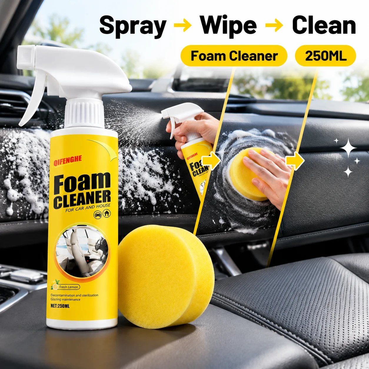 Lemon Foam Cleaner Spray 250 ml for Car and Home with 2 Sponges 4 Lemon Foam Cleaner Spray 250 ml for Car and Home with 2 Sponges - view 4