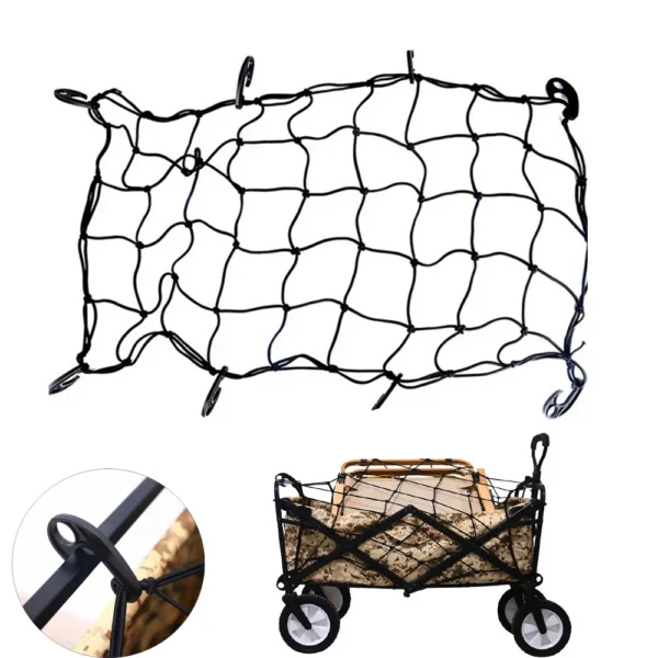 Elastic camping wagon net with 8 hooks stretched over chairs and bags on a folding wagon