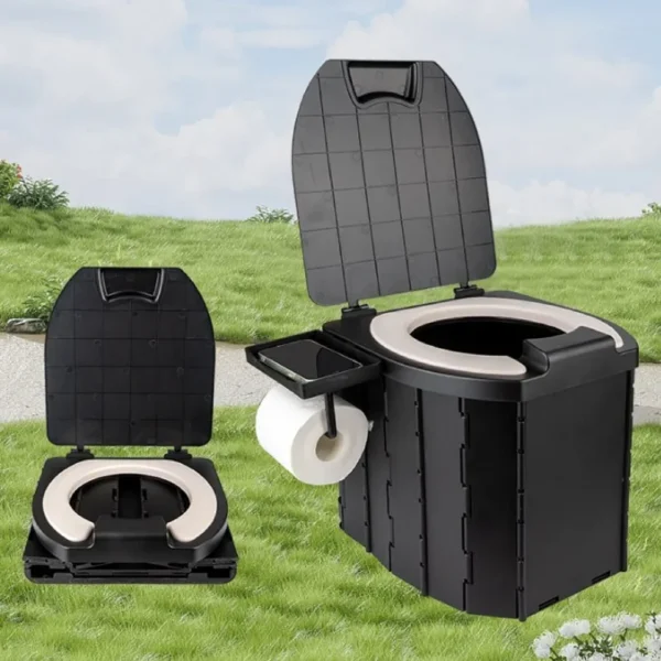 Folding camping toilet opened with soft PU seat pad beside its folded flat form