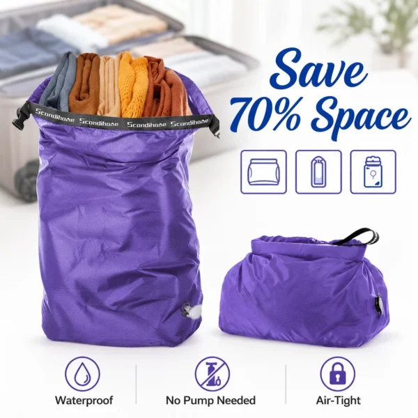 Bump free compression bag in nylon packed flat with folded clothes beside a travel backpack