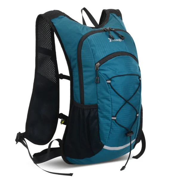 Bicycle hydration rucksack in lake blue nylon with chest strap, helmet lanyard and reflective stripes
