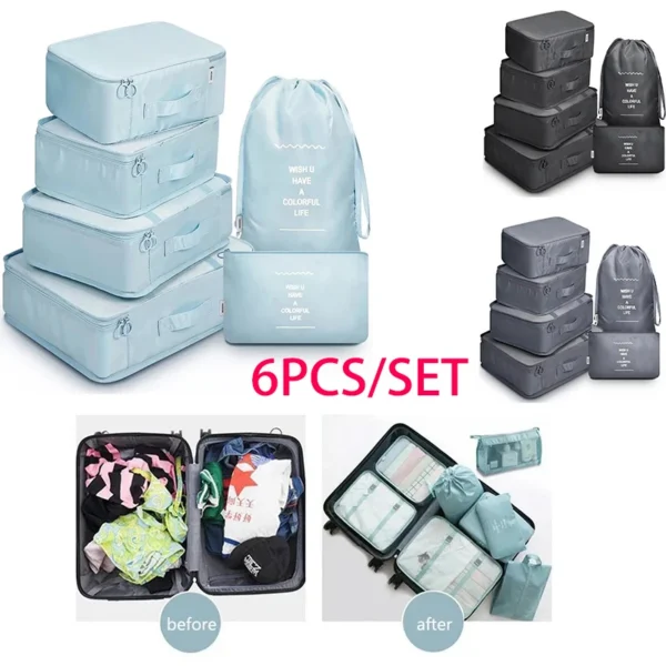 6 piece travel organizers in deep blue Oxford fabric with shoe bag and clothes cubes