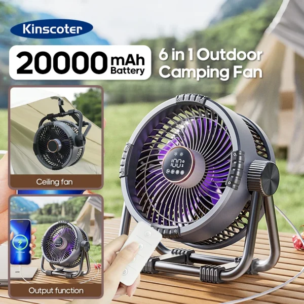Camping fan with remote control and rechargeable battery placed on a campsite table