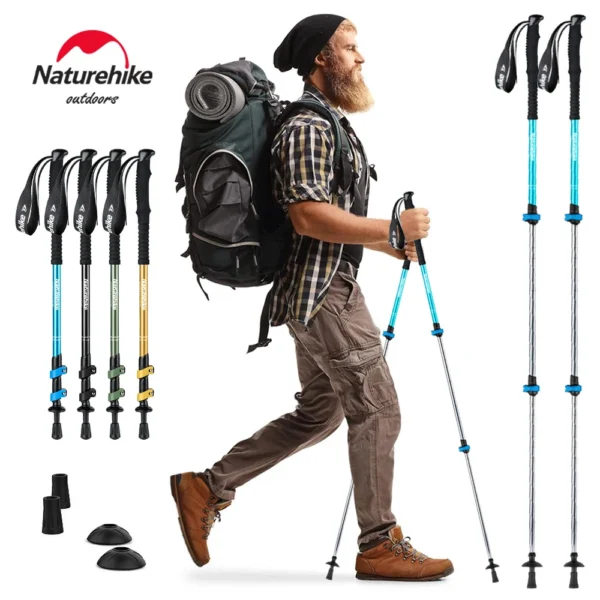 Aluminum flip lock trekking pole in blue with EVA foam grip, wrist strap and mud basket