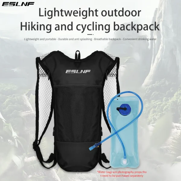 Cycling water backpack in black nylon and TPU fabric with shoulder straps for bike rides