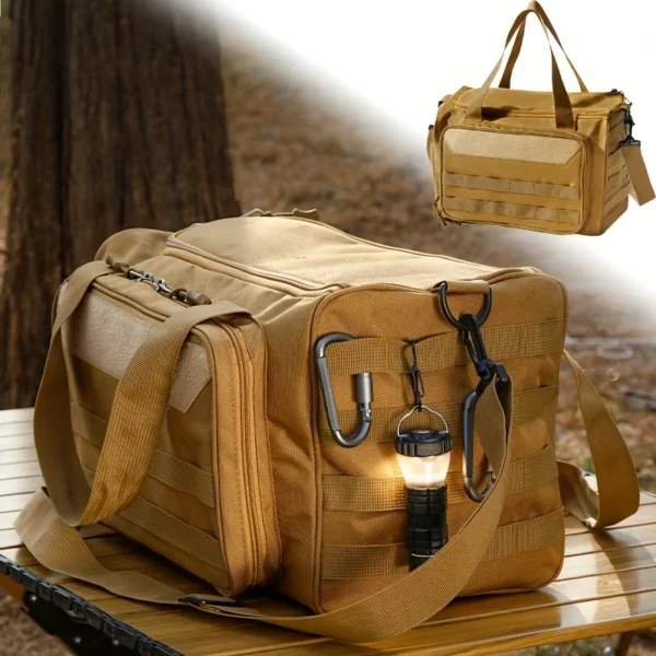 Black tactical organizer handbag with open compartments holding headlamp, cables and small tools