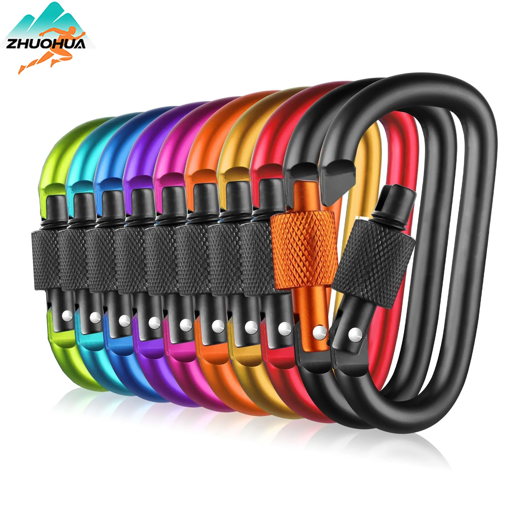 Screw Gate Carabiner Clips 10 Pack 3 Inch Aluminum D Shape 1 Screw gate carabiner clips in a pack of ten aluminum D shape clips with locking sleeves