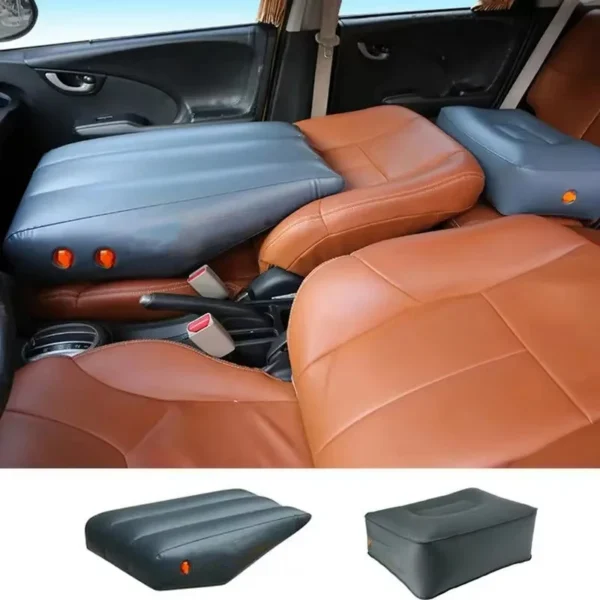 Inflatable car slope pad and stool placed in a car to create a flat sleeping area