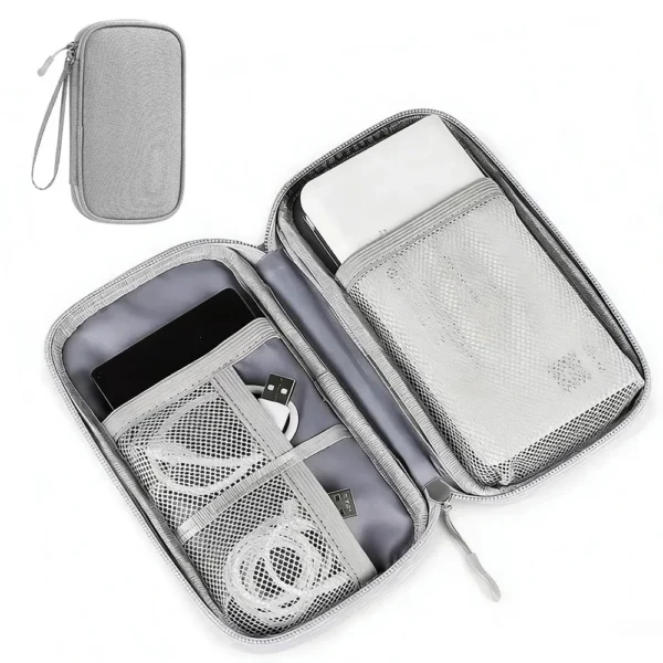 Travel electronics organizer case open to show cables, earphones and a power bank inside