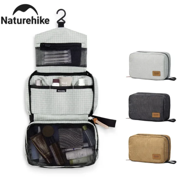 Camping toiletry bag in nylon opened to show toiletries ready for a campsite shower