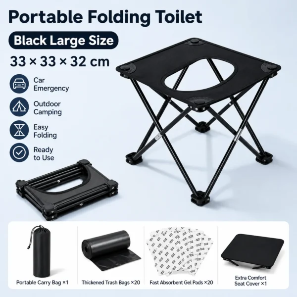 Black foldable emergency camping toilet set up next to an SUV at a campsite