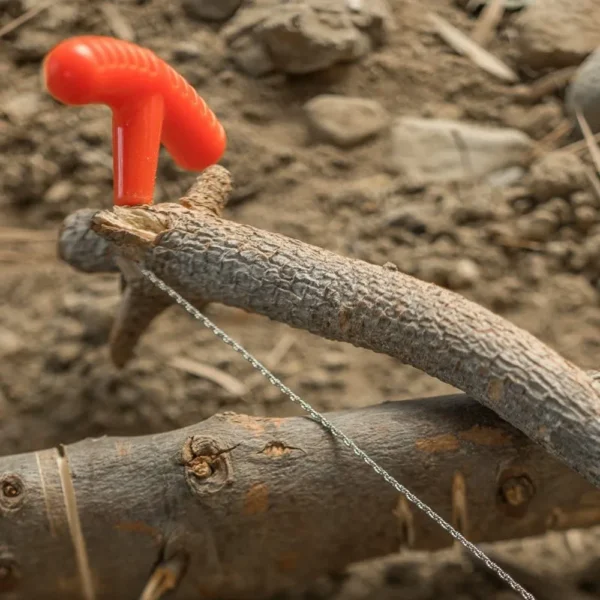 Pocket chain saw with orange handles cutting through a tree branch at a campsite
