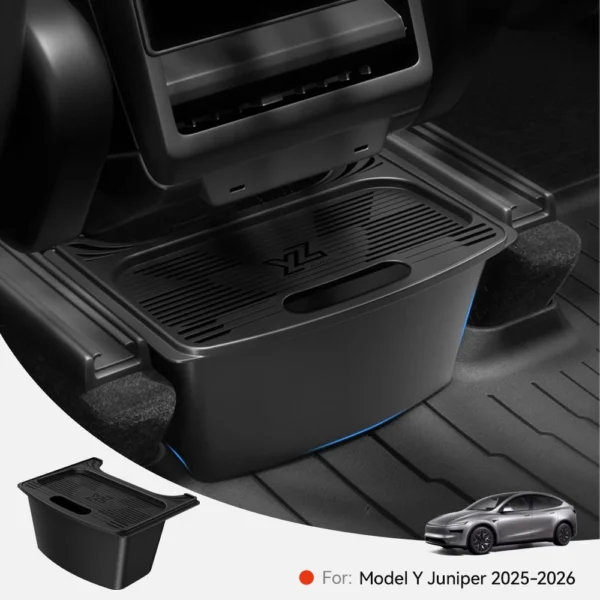 Black rear console storage box with magnetic lid mounted below the rear vents in a Tesla Model Y