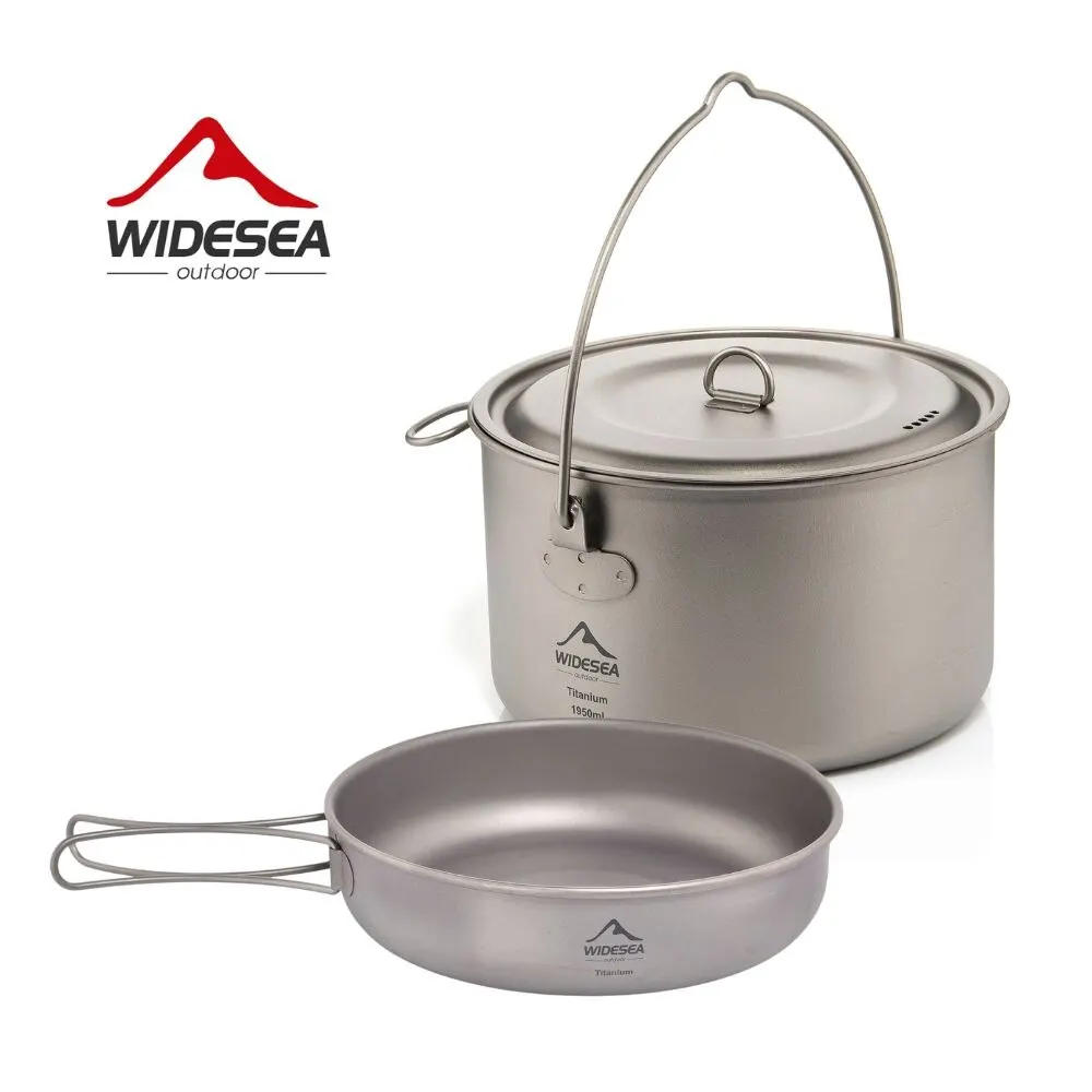 Titanium Camping Cookware, Pots 750ml to 2900ml and Frying Pans 1 Widesea titanium camping cookware pot and frying pan with stainless handles on a camp stove