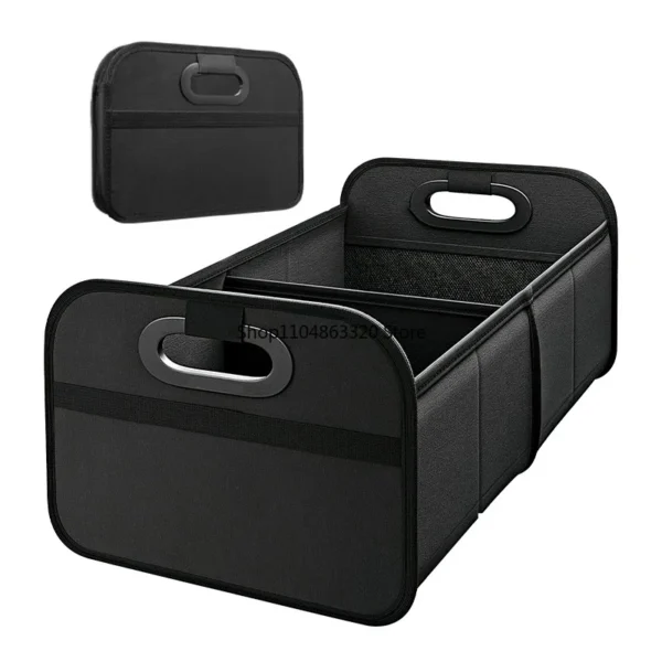 Foldable SUV trunk organizer in polyester open in an SUV cargo area with camping gear