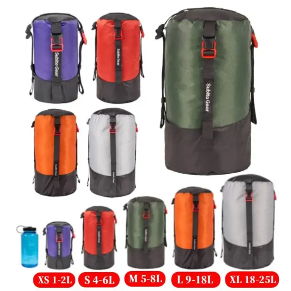 Orange sleeping bag compression sack packed tight with a sleeping bag beside smaller colored sacks
