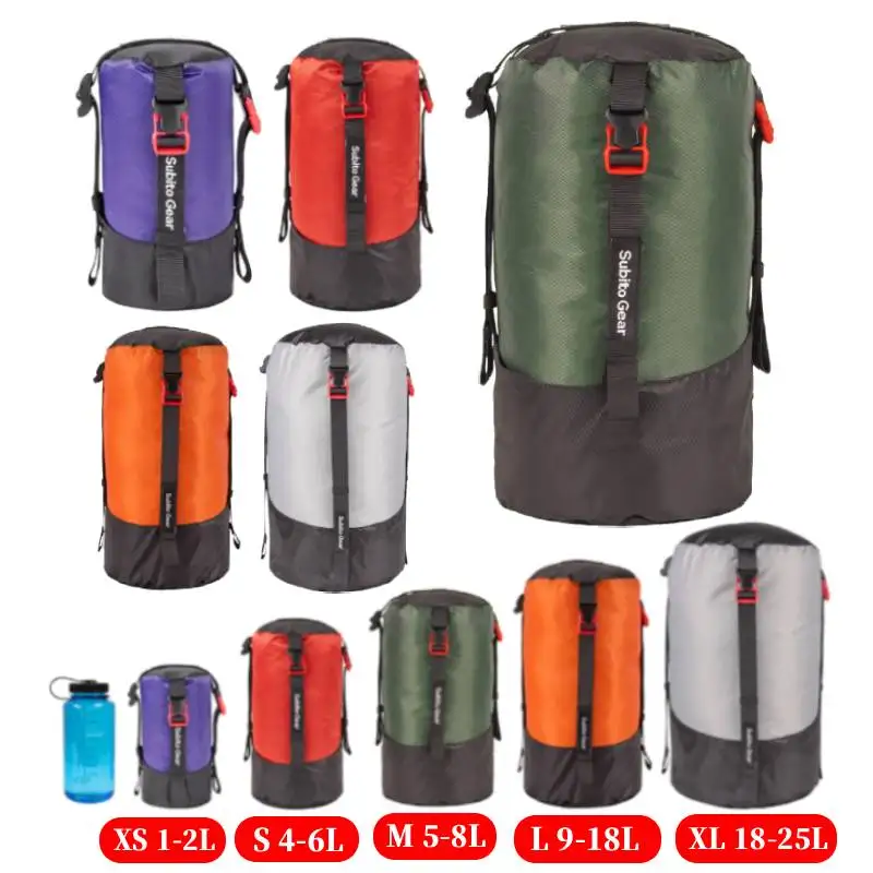 Sleeping Bag Compression Sack, Ultralight Stuff Bag 1 to 25 L 1 Orange sleeping bag compression sack packed tight with a sleeping bag beside smaller colored sacks
