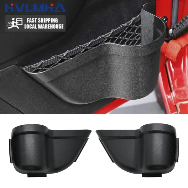 Black plastic door armrest storage box holding a phone and cup on a Jeep Wrangler JK door