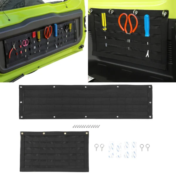 Canvas tailgate storage bag with tool pockets mounted on the rear door of a Suzuki Jimny