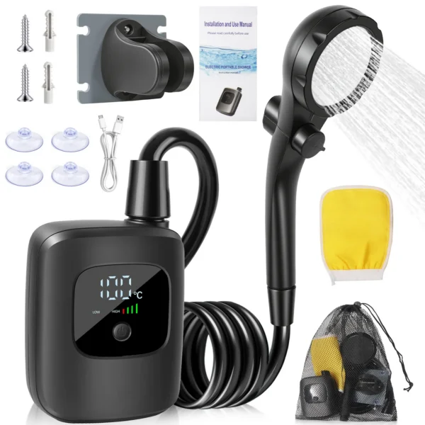 Electric camping shower with compact black rechargeable pump and spray head