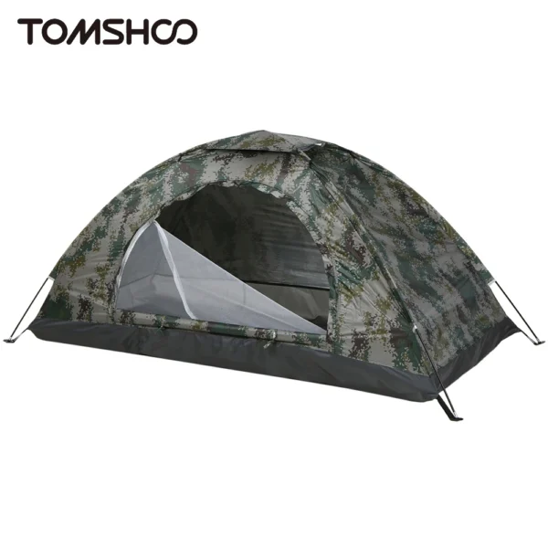 Ultralight camping tent with mesh roof, fiberglass poles and removable roof shield set up outdoors