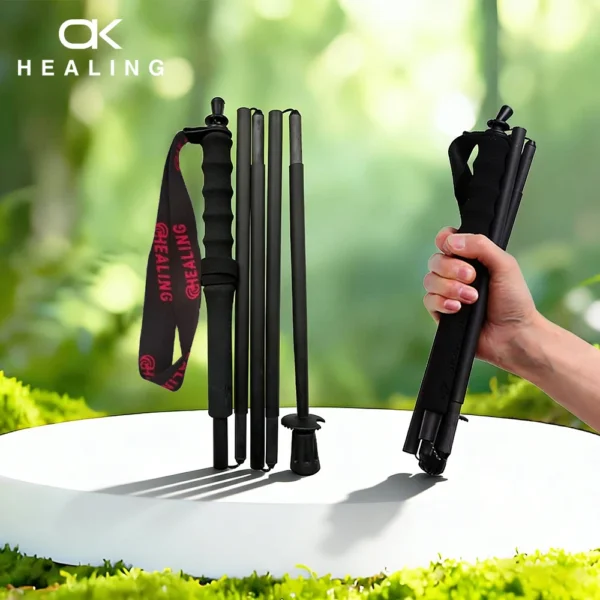 Foldable carbon walking poles 2 pack shown folded into five sections with EVA straight grips