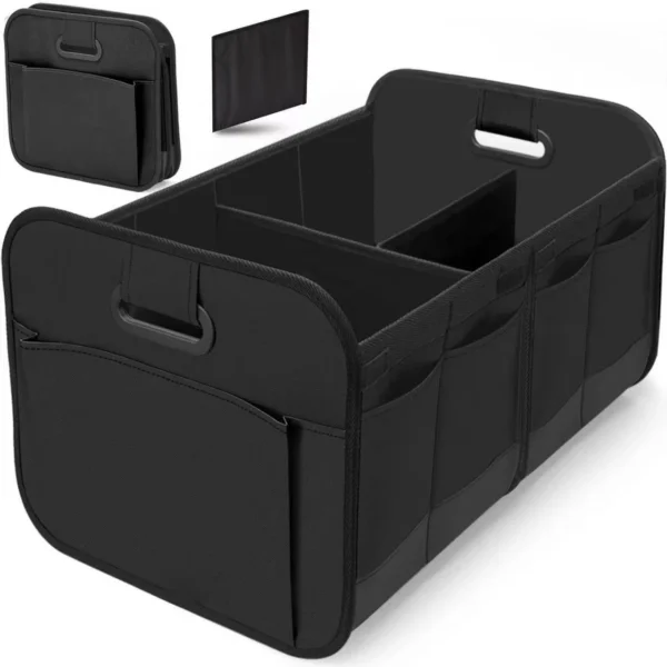 Expandable car storage organizer in orange extended in an SUV cargo area with camping gear