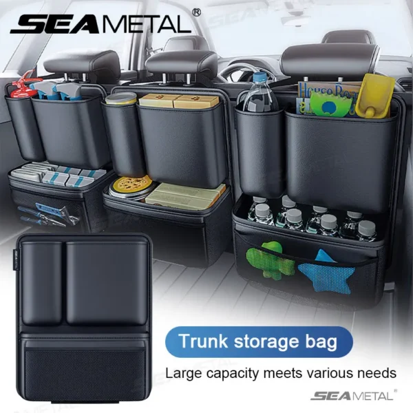 suv hanging trunk organizer in black leatherette attached to a SUV rear seat back