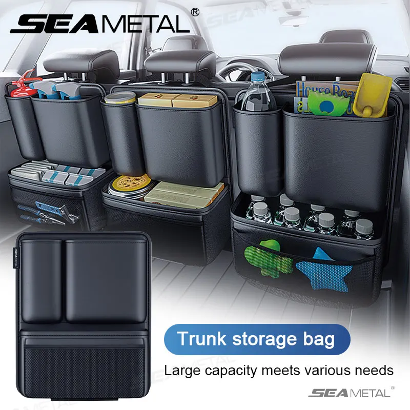 SUV Hanging Trunk Organizer with 4 Pockets for MPV and Truck 1 suv hanging trunk organizer in black leatherette attached to a SUV rear seat back
