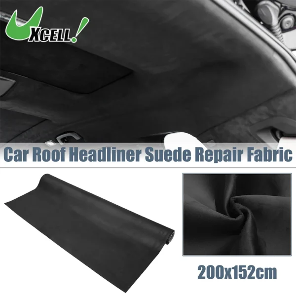 Roll of light gray suede headliner fabric with foam backing unrolled beside a car roof liner