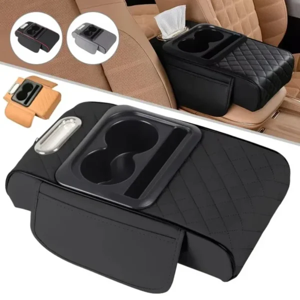 Car armrest storage box in black and red sitting on a car center console