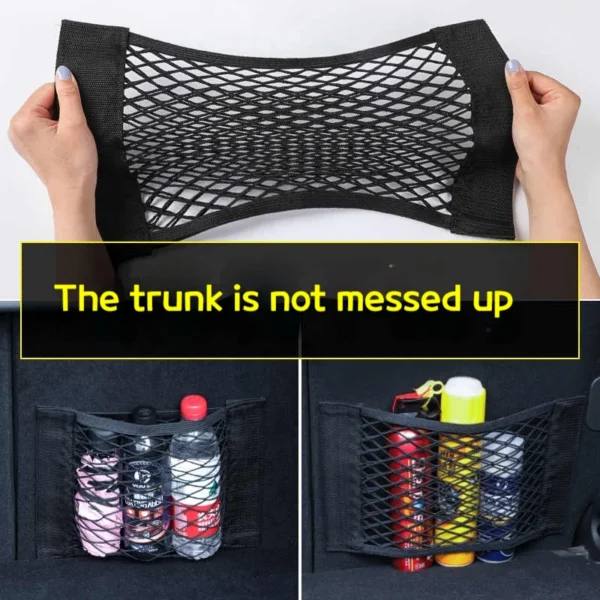 Car trunk storage net stretched along a trunk wall holding bottles and small items